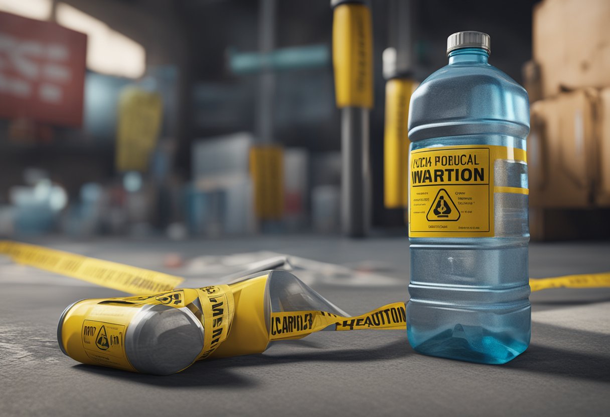 A bottle of mag citrate surrounded by various warning signs and symbols, with a caution tape wrapped around it