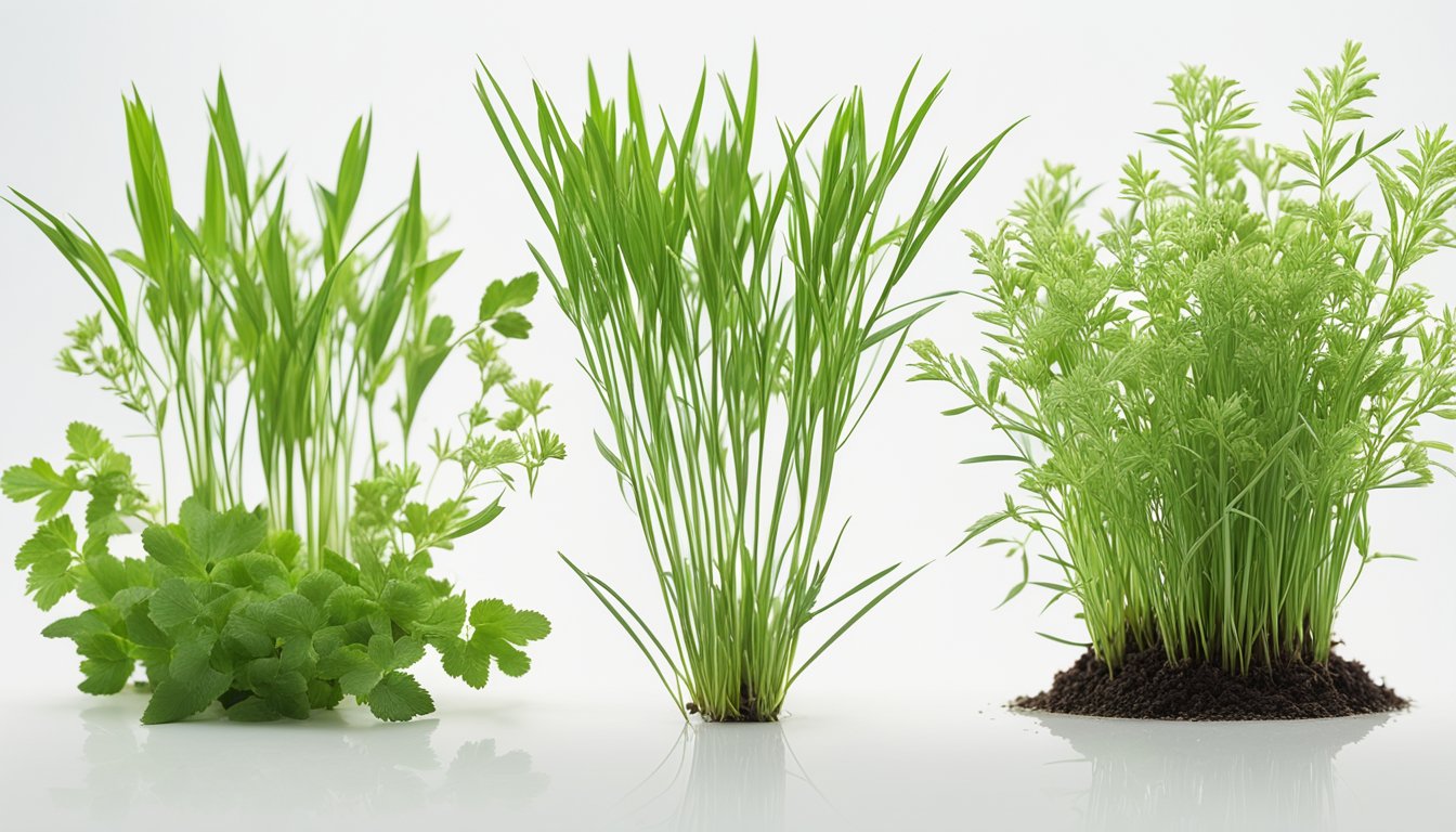 Goose grass washed, chopped, steeped in hot water, showing color-coded stages of herbal transformation on a clean, white background with botanical line drawings