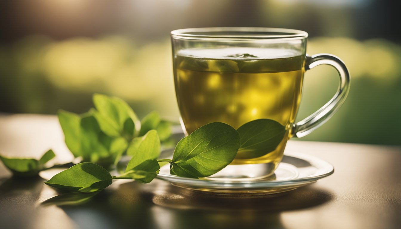 Freshly steeped green-golden tea in a translucent glass cup, softly lit to highlight its natural beauty