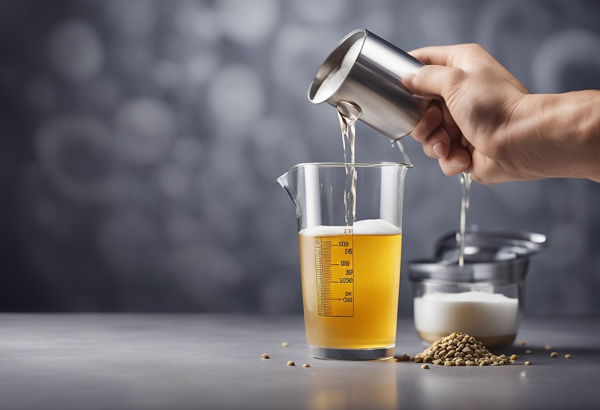 A hand holding a bottle of magnesium citrate, pouring liquid into a measuring cup