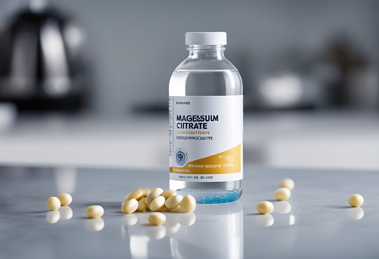 A bottle of magnesium citrate stands on a white countertop, surrounded by a scattering of loose pills and a glass of water