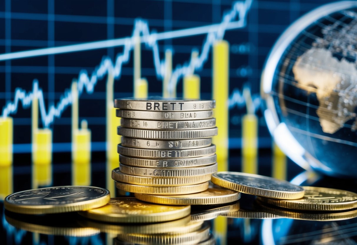 A stack of coins with the name "BRETT" engraved on them, surrounded by fluctuating price charts and a crystal ball