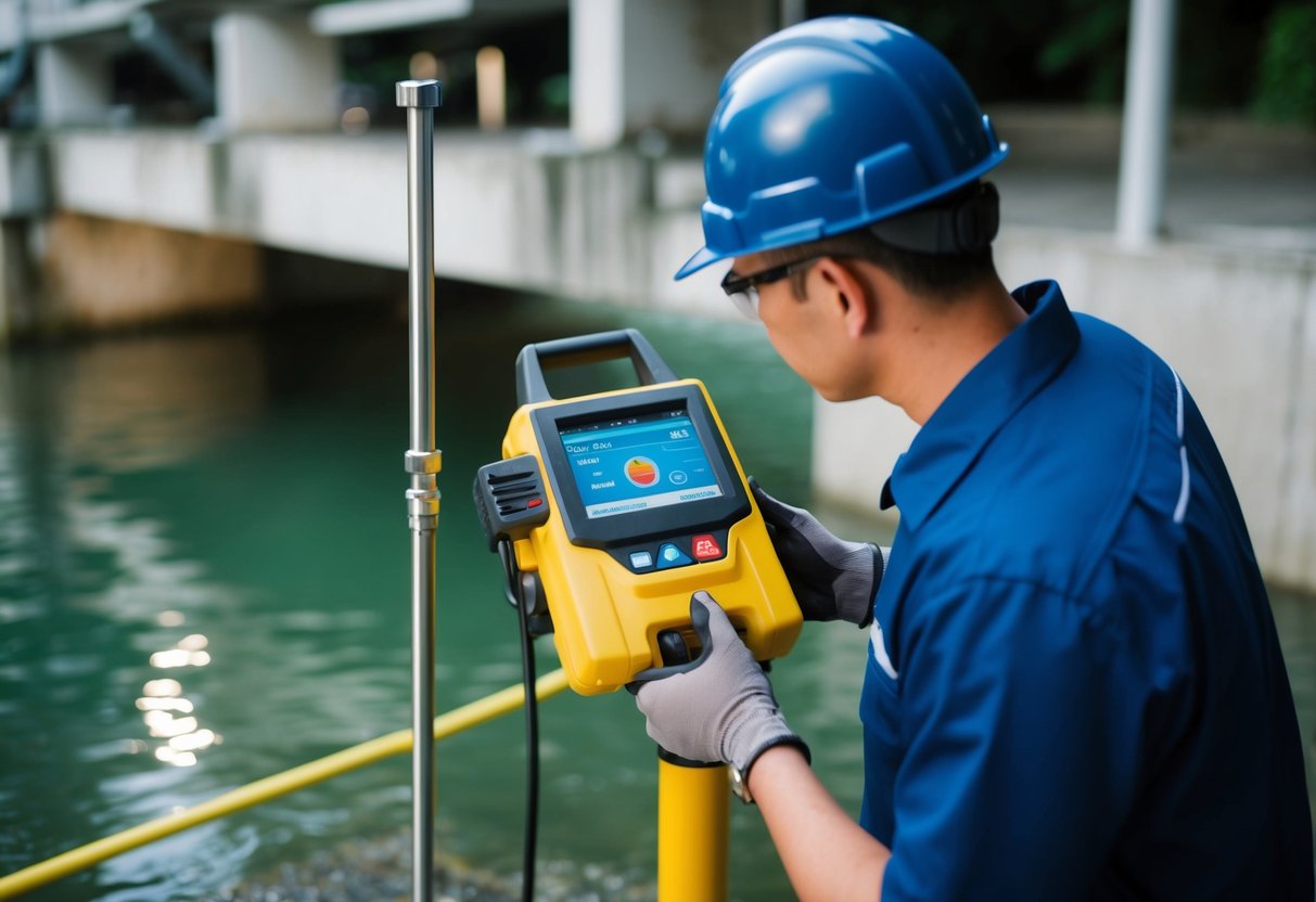 A technician using specialized equipment to detect underground water leaks at a Penang & Johor Operation Store