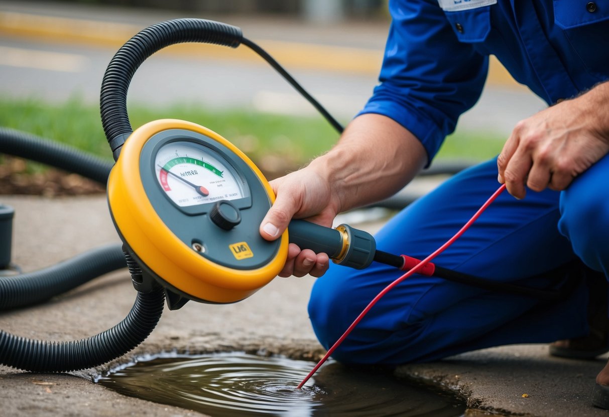 A plumber using a specialized device to detect underground water leaks