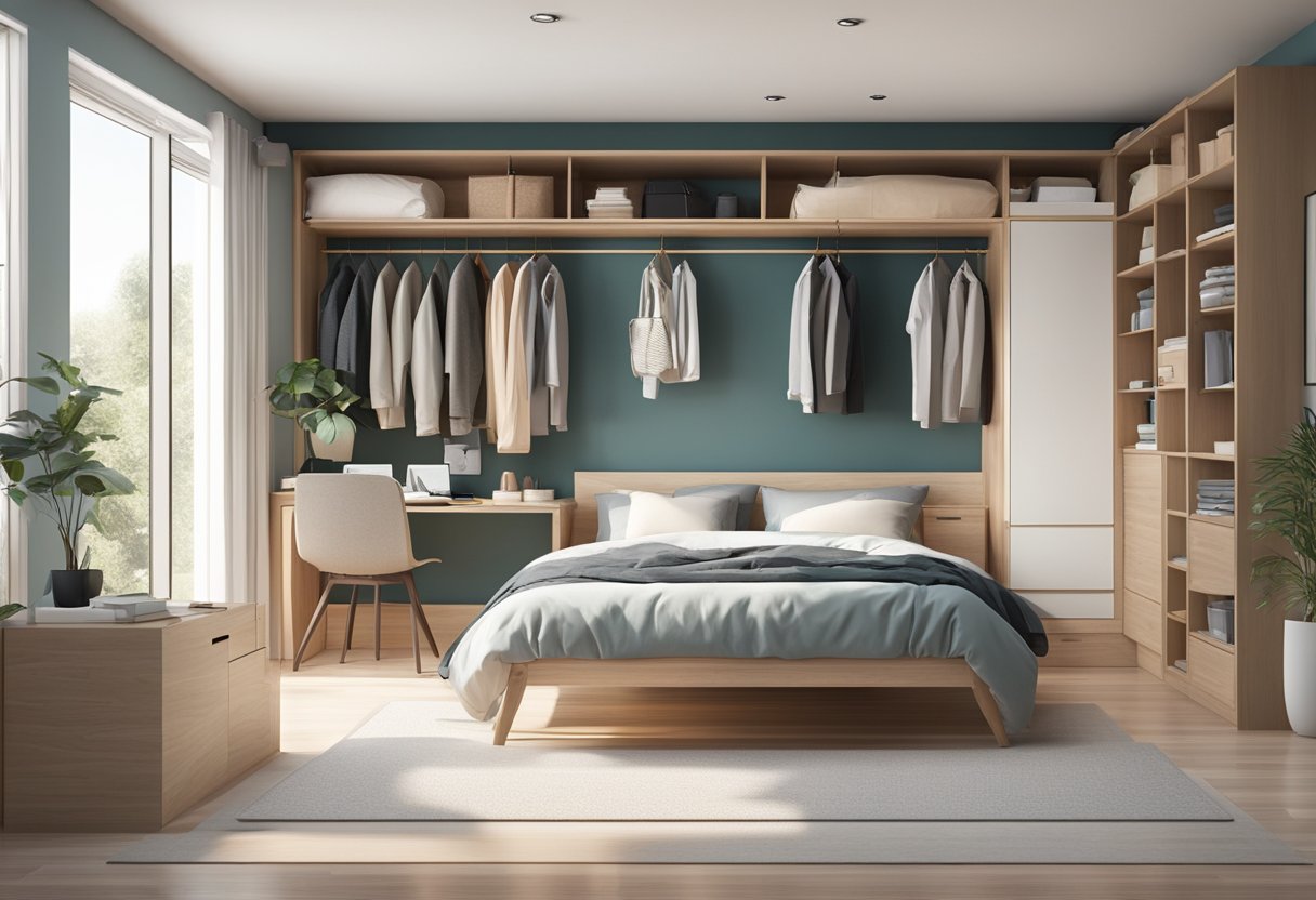 A tidy bedroom with clever storage solutions and minimal furniture, creating a peaceful and spacious retreat