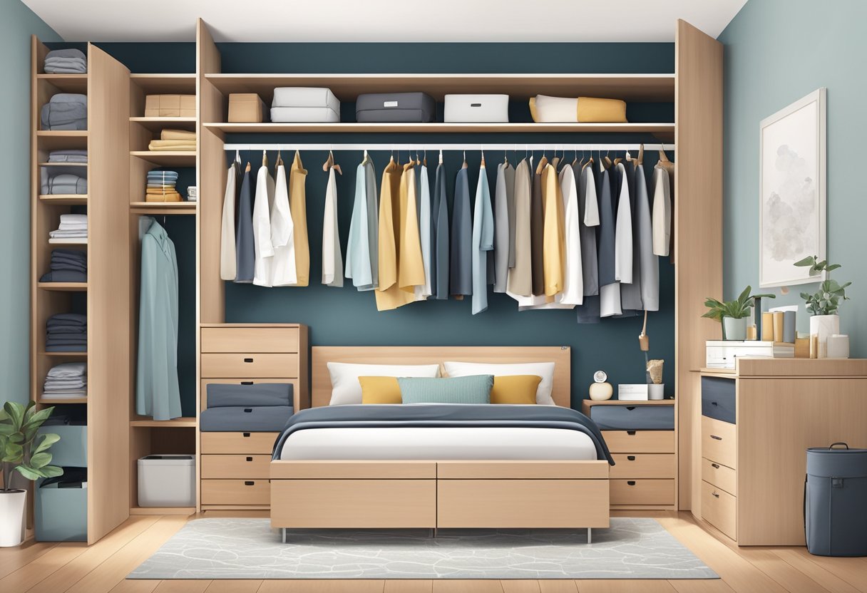 A neatly organized bedroom with clever storage solutions including under-bed drawers, wall-mounted shelves, and a closet with efficient organization systems