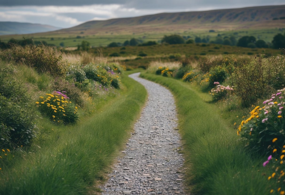 A winding walking path in Northern Ireland, flanked by lush greenery and dotted with vibrant wildflowers