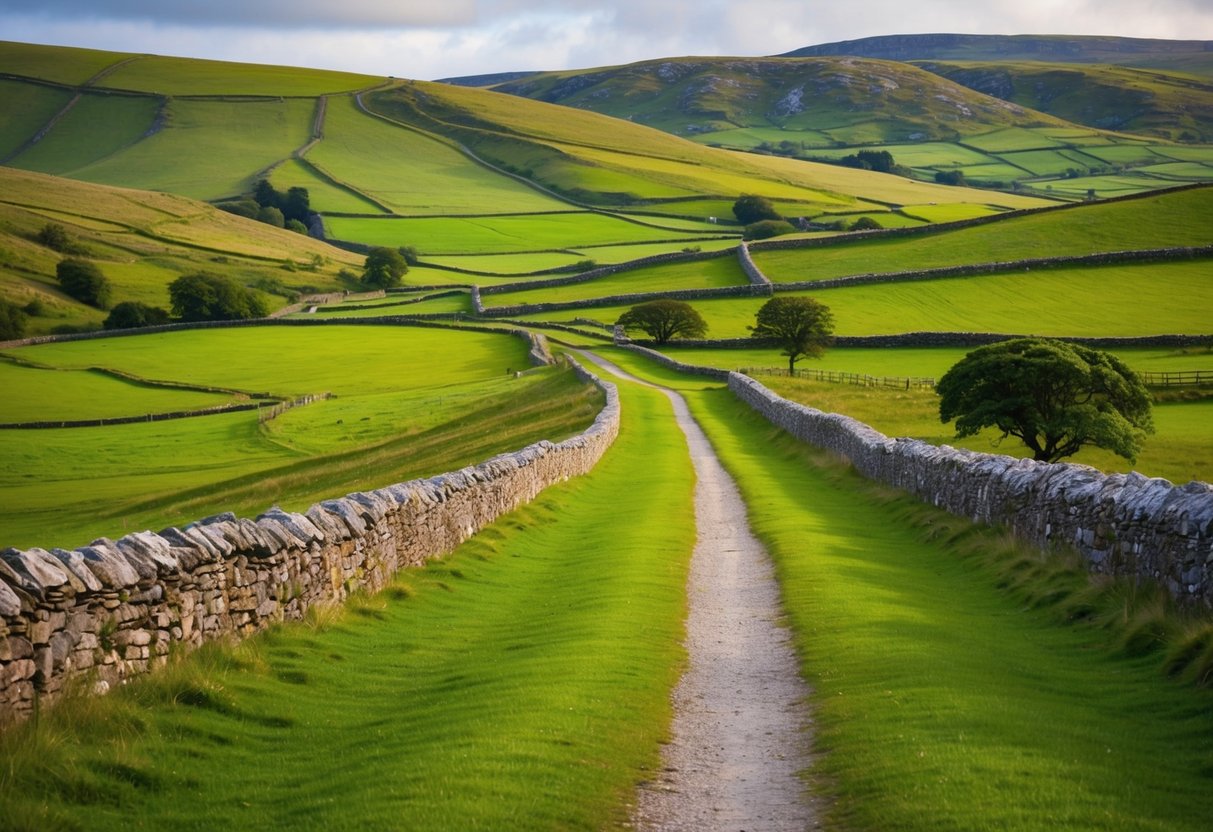 A lush green walking path winding through the picturesque Northern Irish countryside, surrounded by rolling hills and dotted with quaint stone walls