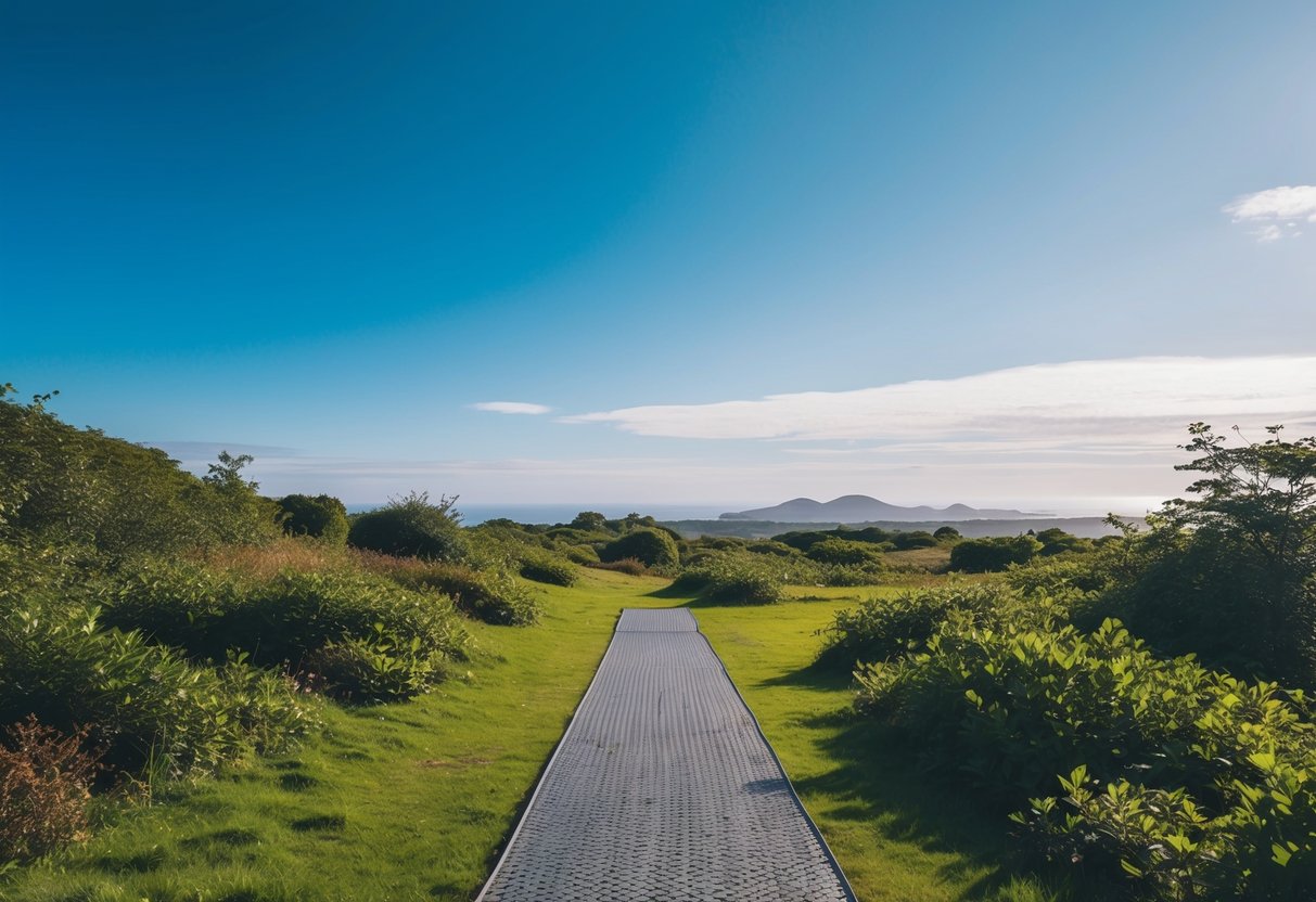 A serene landscape in Northern Ireland with a walking pad as the focal point, surrounded by lush greenery and a clear blue sky