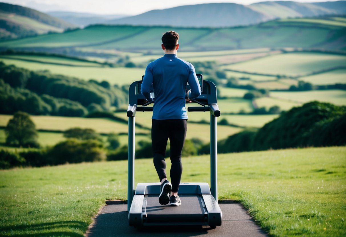 A person walks on a treadmill surrounded by lush green landscapes and rolling hills in Northern Ireland