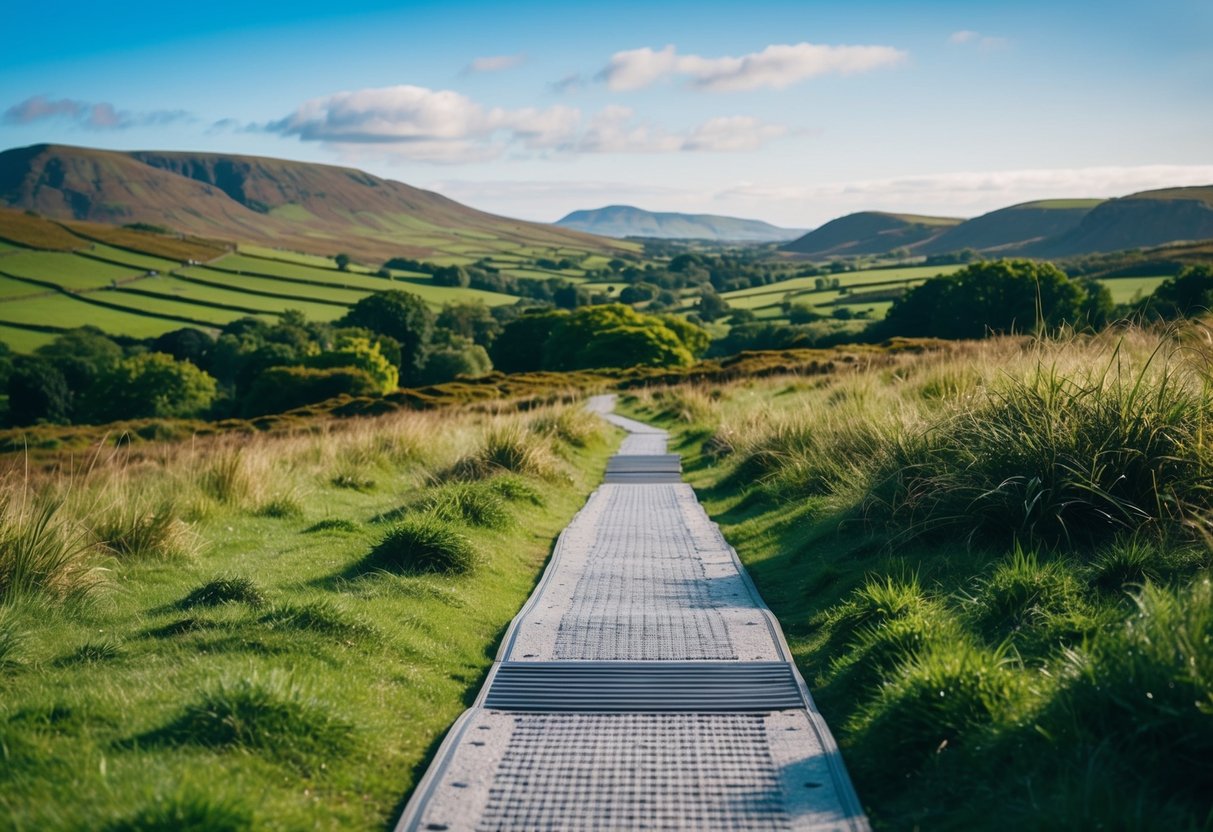 A walking pad in a scenic Northern Ireland landscape, surrounded by lush greenery and rolling hills under a clear blue sky