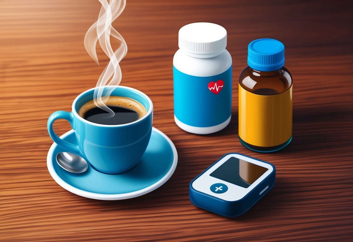 A steaming cup of coffee sits next to a heart rate monitor and a bottle of vitamins on a wooden table
