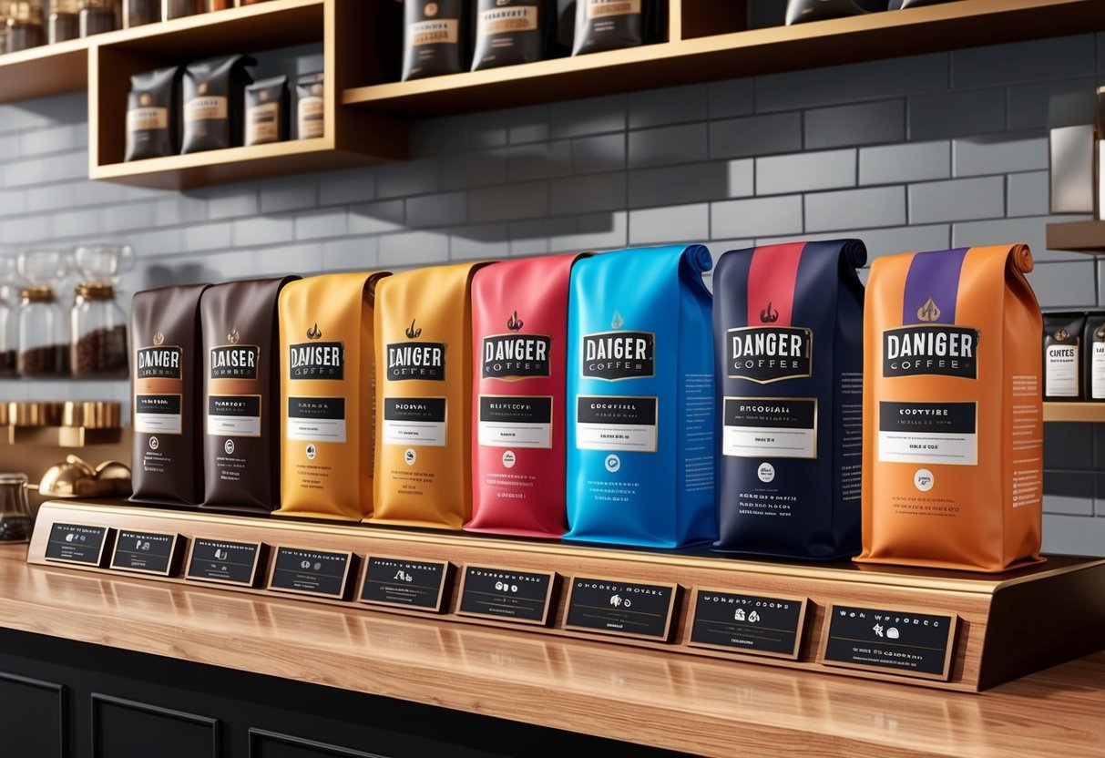 A coffee shop display with various bags of Danger Coffee lined up on shelves, showcasing the different product range and selection