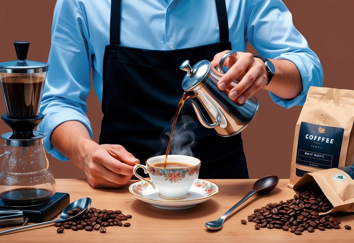 A barista carefully pours steaming coffee into a delicate ceramic cup, surrounded by various brewing tools and bags of coffee beans