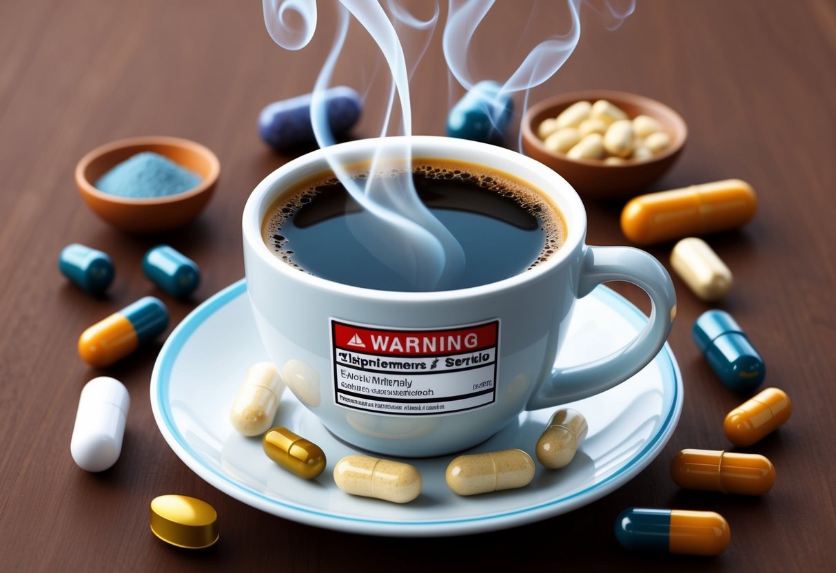 A steaming cup of coffee surrounded by various nutrient and mineral supplements, with a warning label prominently displayed