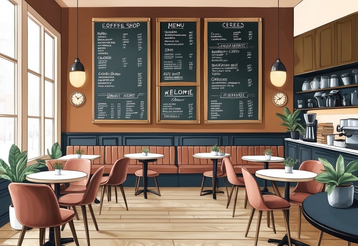 A cozy coffee shop with a chalkboard menu, comfortable seating, and a welcoming atmosphere
