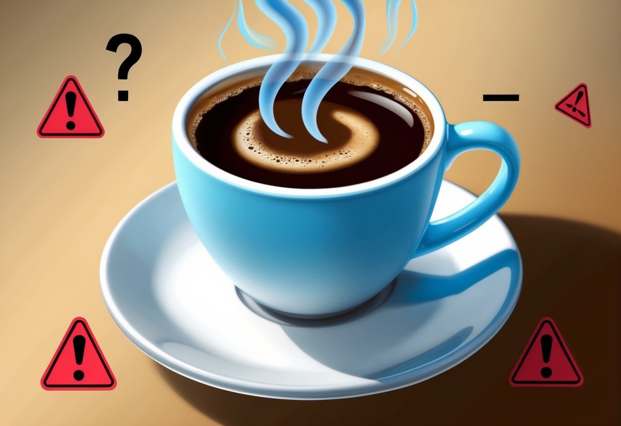 A steaming cup of coffee surrounded by question marks and caution signs