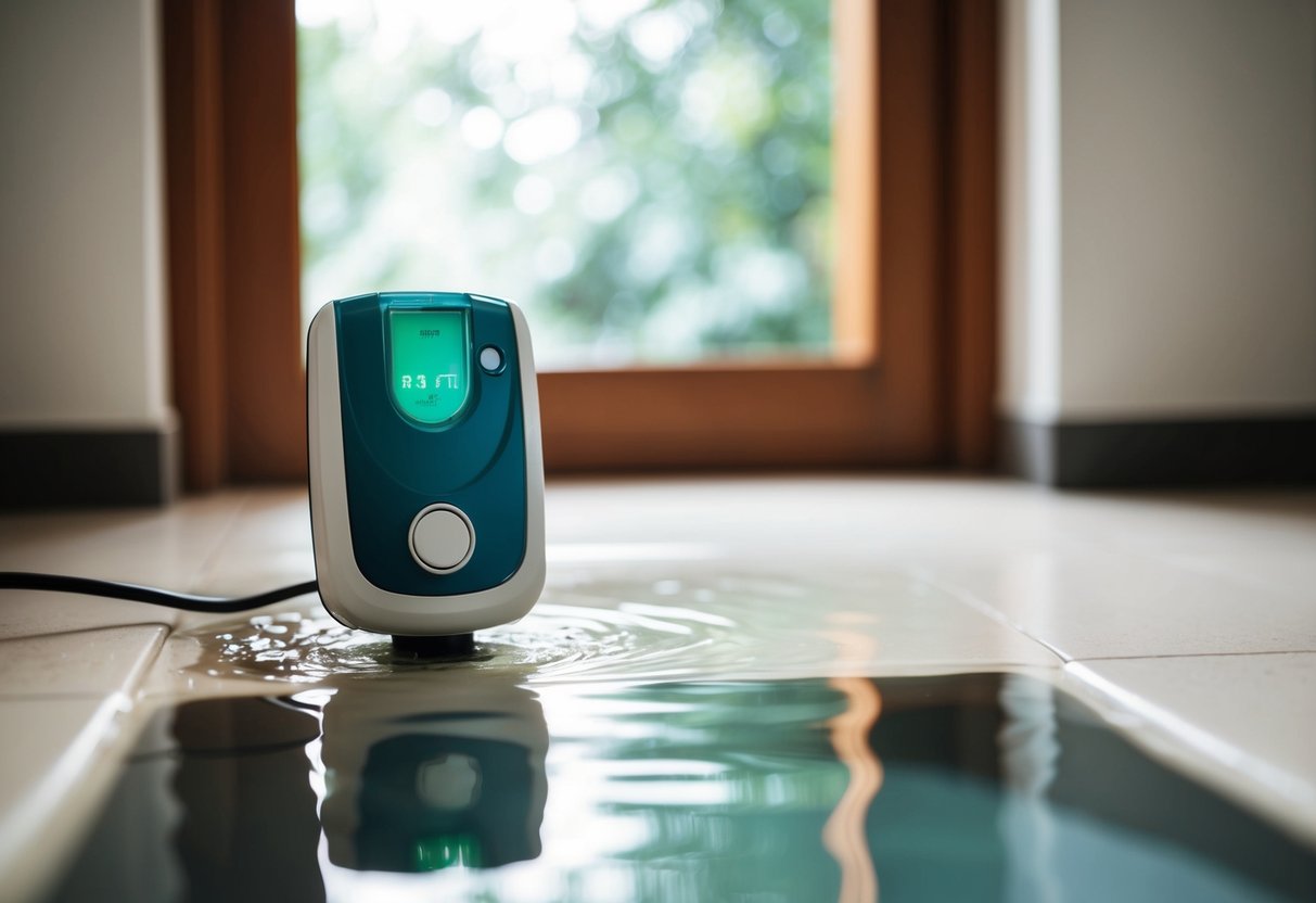 A water leak detector placed near a sink with water pooling on the floor