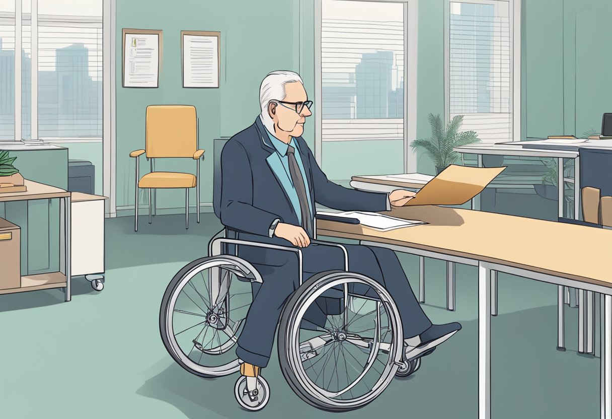 A person in a wheelchair receiving support and benefits paperwork from a government office