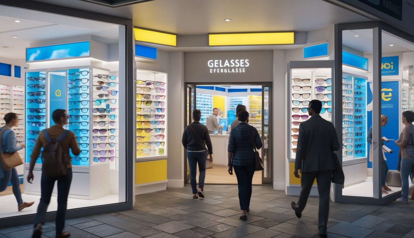 Una tienda bulliciosa con exhibiciones coloridas de gafas y gafas de sol, una entrada acogedora y un flujo constante de clientes que van y vienen.