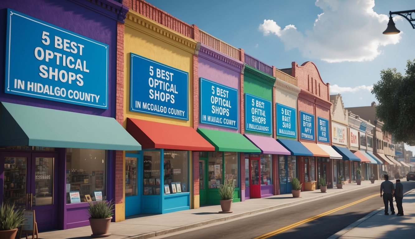 Una calle bulliciosa llena de coloridas tiendas, cada una adornada con grandes letreros que anuncian las "5 mejores ópticas en McAllen, el Condado de Hidalgo."