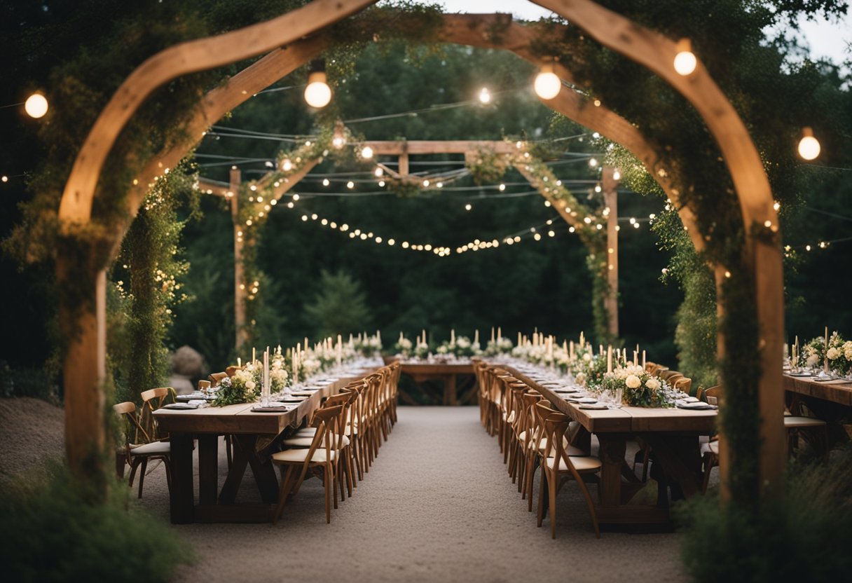 A cozy outdoor wedding with wooden tables, string lights, wildflower centerpieces, and a rustic archway adorned with greenery and flowers