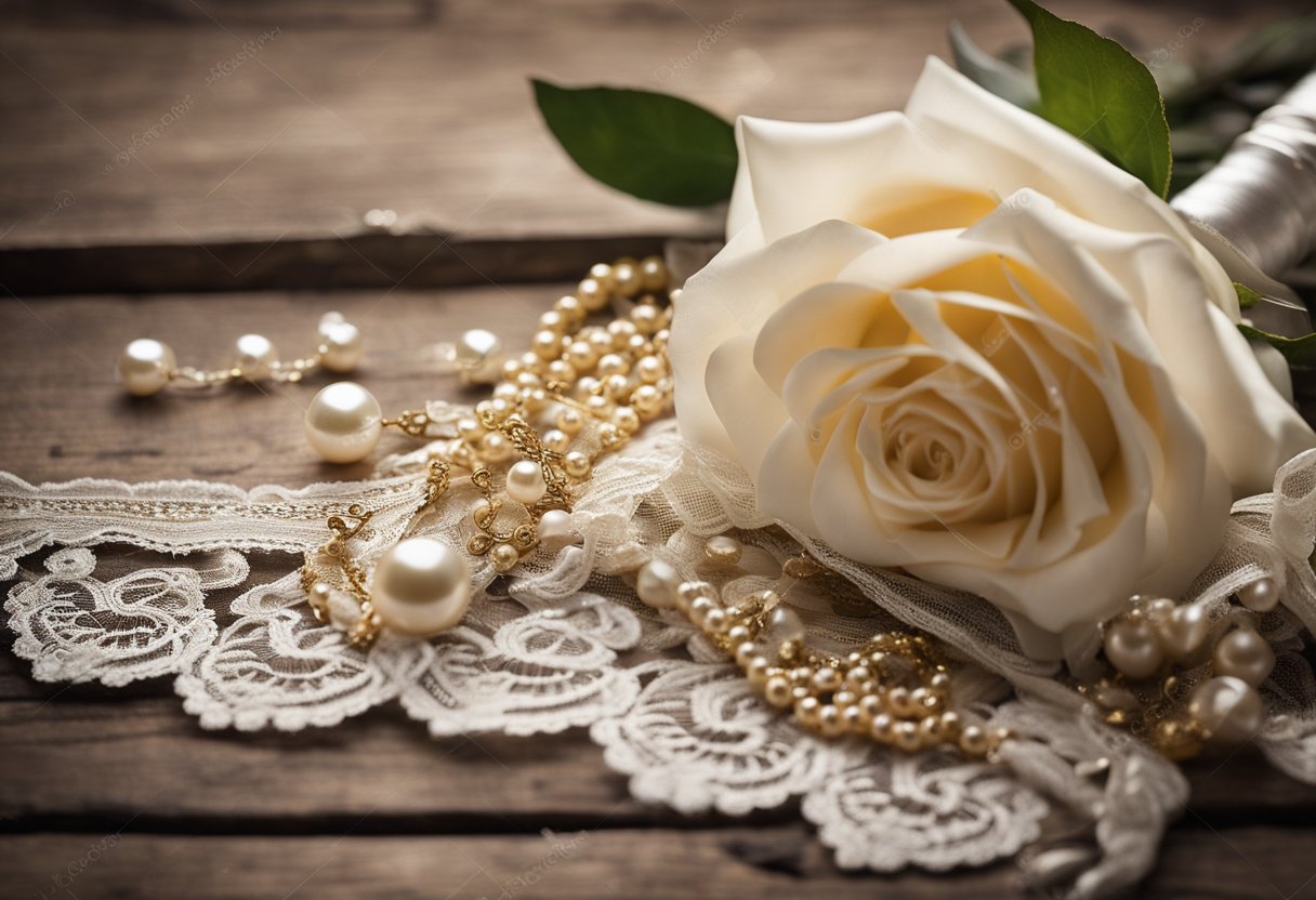 A vintage glamour wedding board with lace, pearls, roses, and gold accents on a distressed wooden background