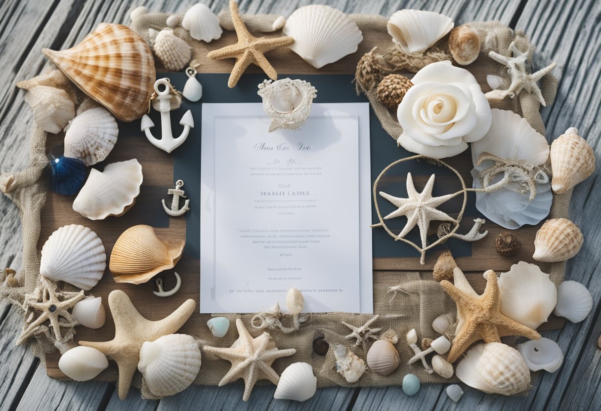 A seaside wedding board with nautical decor, seashells, anchors, and beachy elements