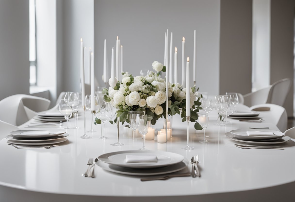 A sleek white table with geometric centerpieces, surrounded by ghost chairs and minimalist table settings. A backdrop of clean lines and neutral colors completes the modern minimalist wedding board