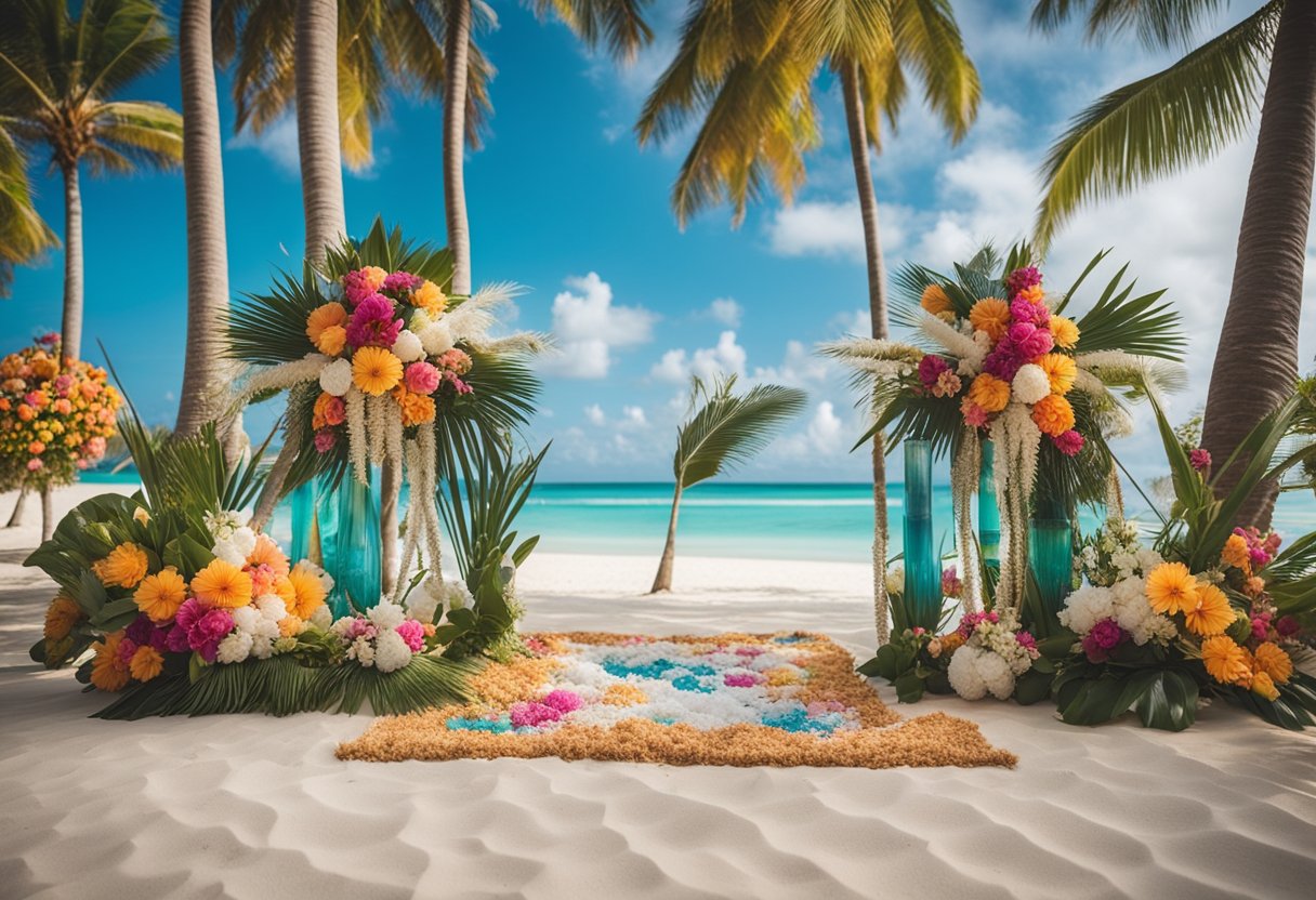 A vibrant tropical beach scene with palm trees, clear blue water, and colorful flowers scattered around a wedding board with various decor ideas