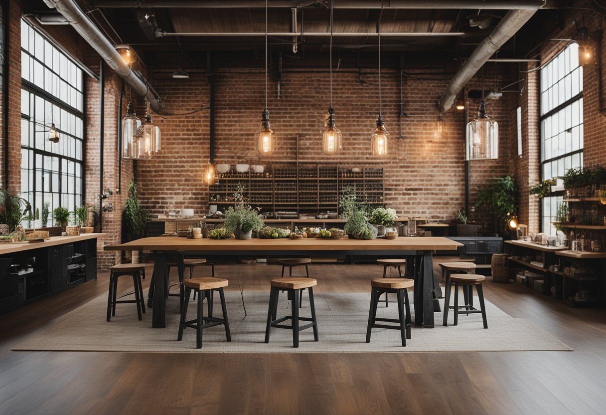 An industrial loft wedding board with exposed brick, metal beams, Edison bulb lighting, and rustic wooden furniture