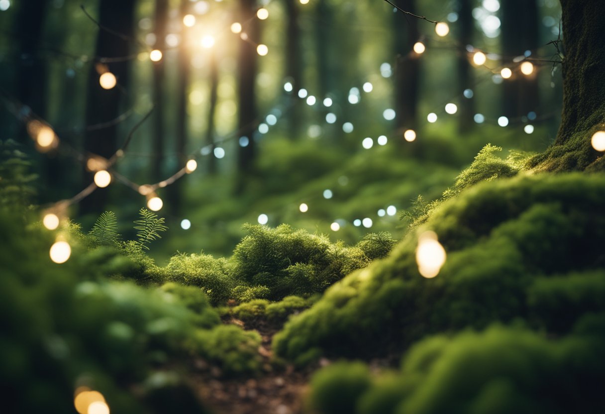 A magical forest with twinkling fairy lights, lush greenery, and whimsical woodland creatures