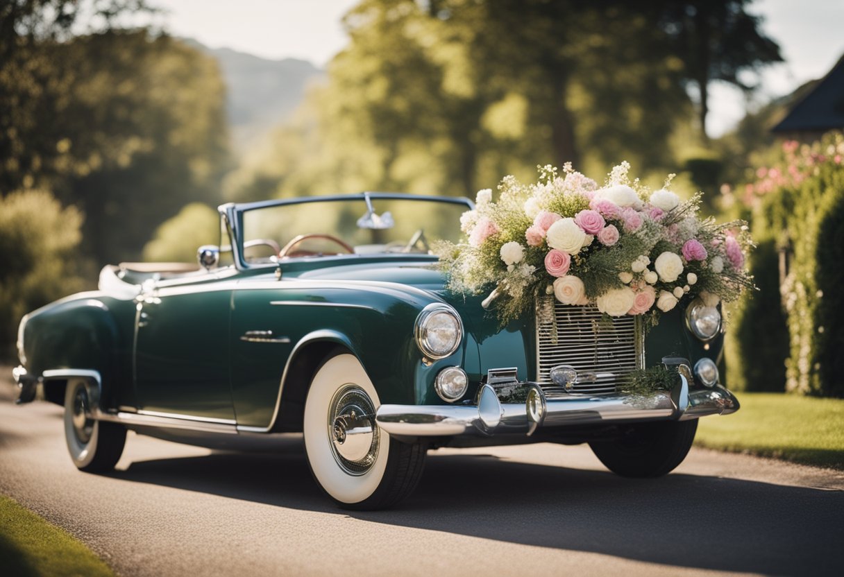 A vintage convertible adorned with flowers and ribbons drives away from a wedding venue, with tin cans trailing behind