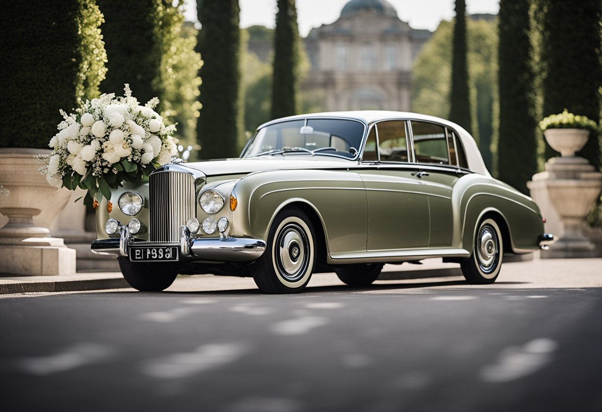 A classic Bentley S2 adorned with white ribbons and flowers, parked in front of a grand wedding venue