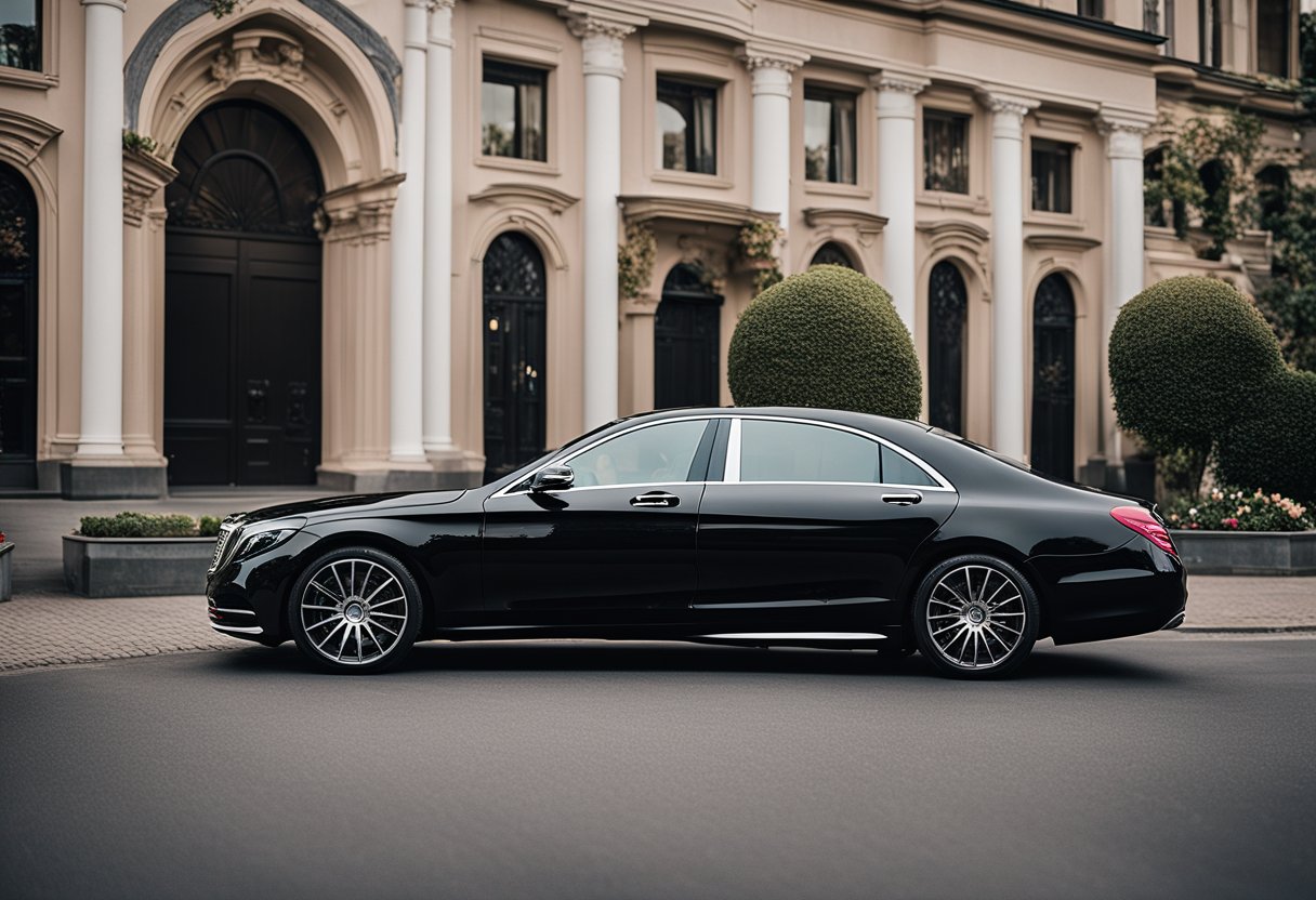 A sleek black Mercedes-Benz S-Class parked in front of a grand wedding venue, adorned with elegant floral decorations and surrounded by excited guests