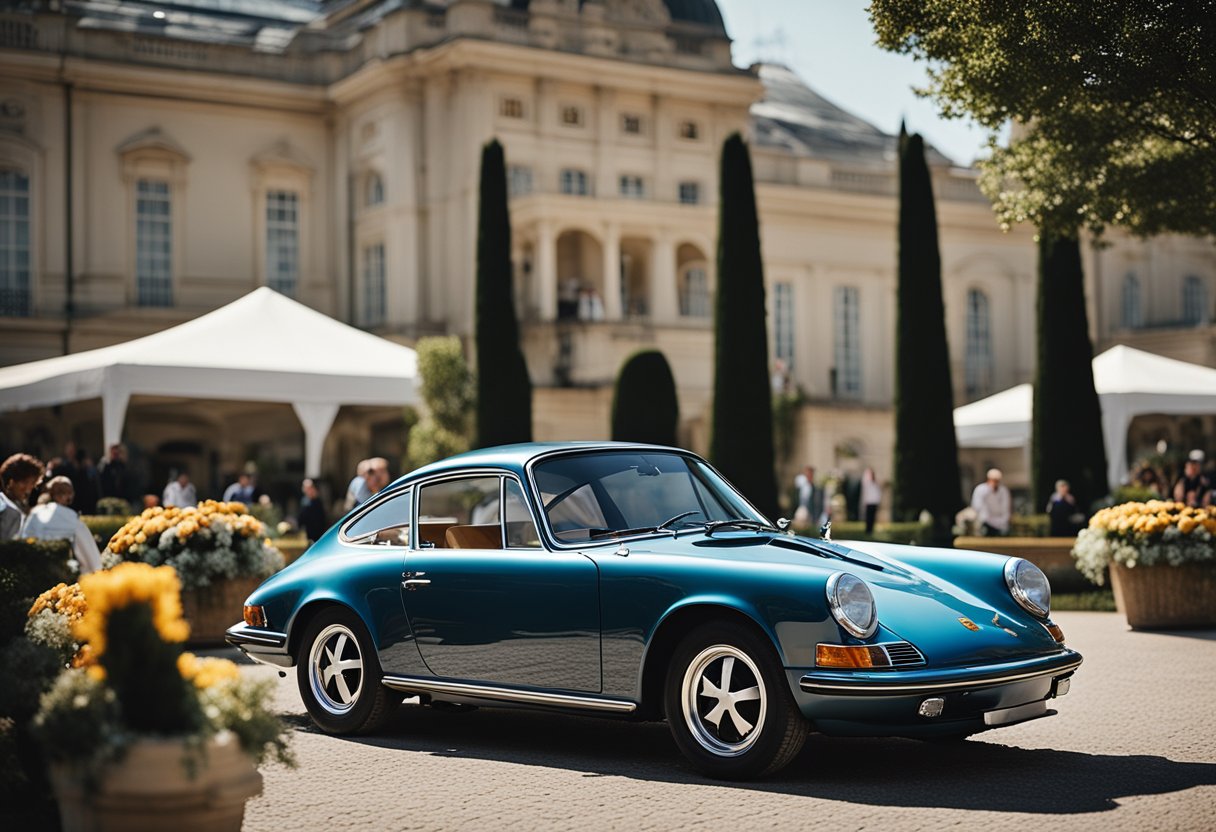 A sleek Porsche 911 adorned with wedding decor, parked in front of a grand venue, surrounded by cheering guests and a beautiful landscape