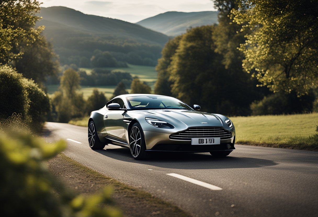 A sleek Aston Martin DB11 adorned with wedding decor drives through a scenic countryside