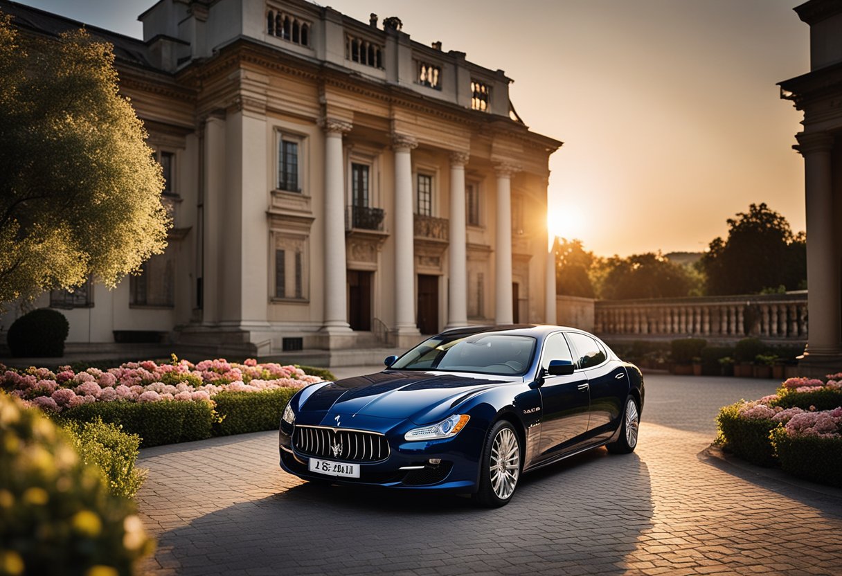 A Maserati Quattroporte adorned with elegant floral decorations, parked outside a grand wedding venue, with the sun setting in the background