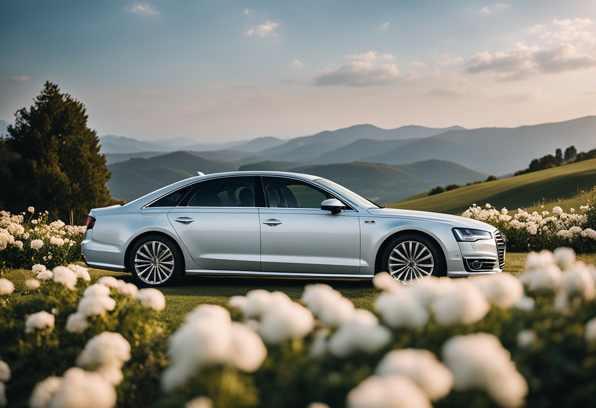 A sleek Audi A8 adorned with elegant wedding decor awaits the bride and groom, surrounded by a picturesque backdrop of rolling hills and blooming flowers