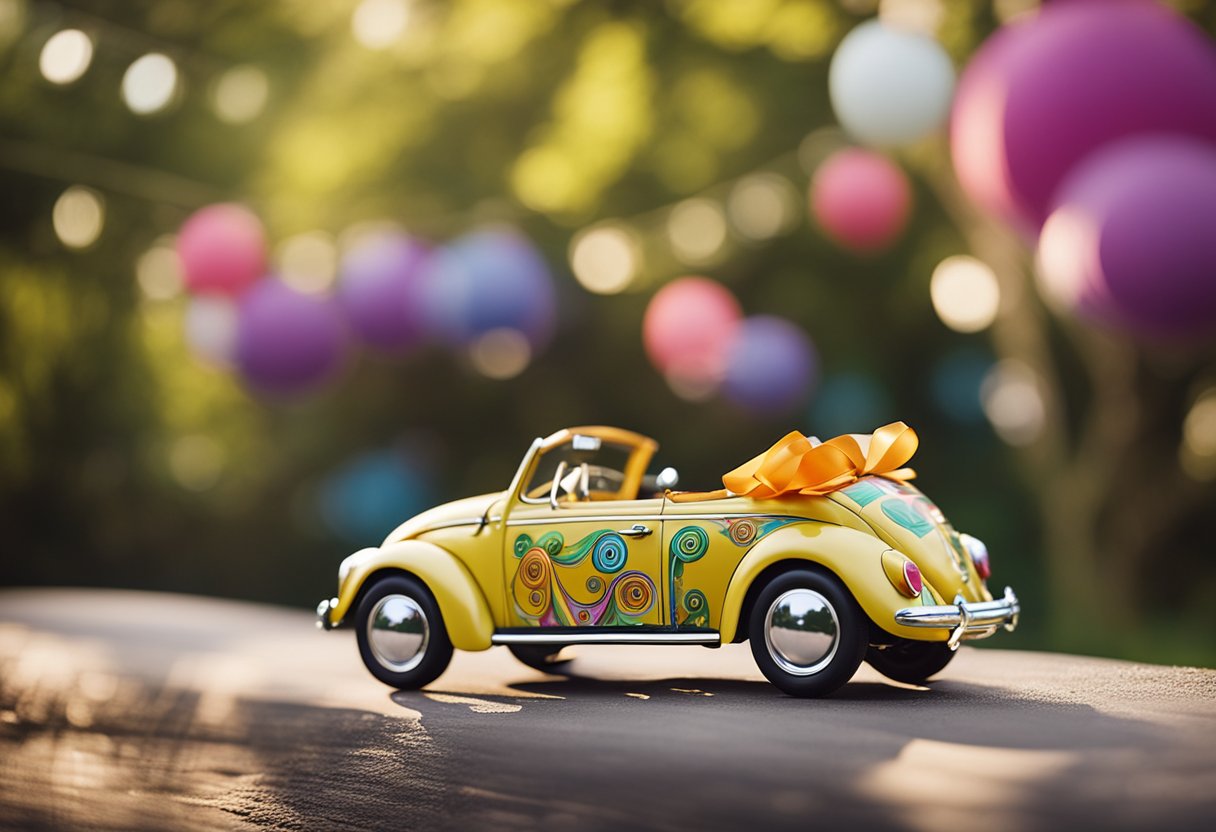 A vibrant Volkswagen Beetle Convertible adorned with wedding decor drives through a scenic countryside, with colorful ribbons fluttering in the wind