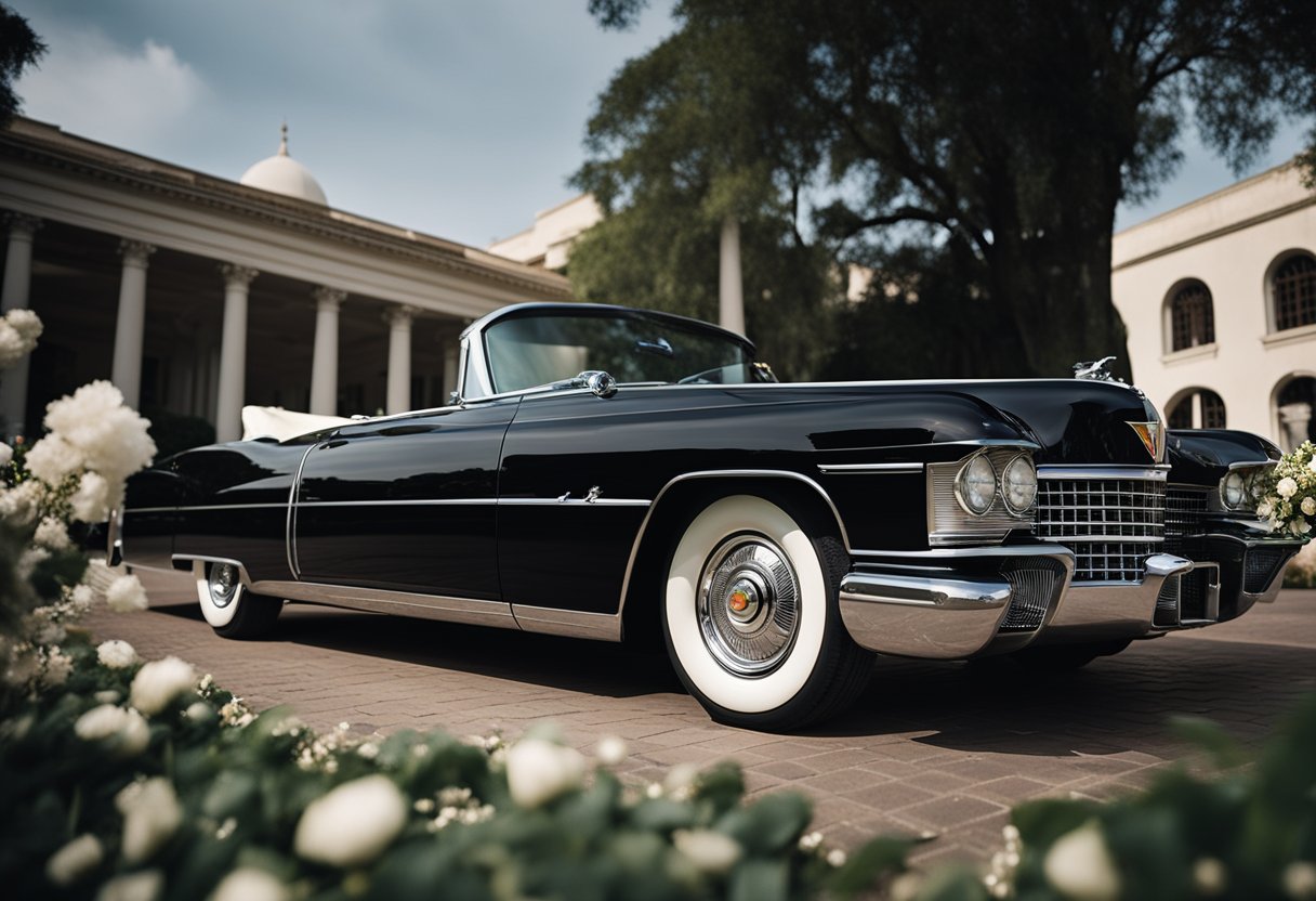 A sleek black Cadillac Series 62 parked in front of a grand wedding venue, adorned with white ribbons and flowers, awaiting the newlyweds