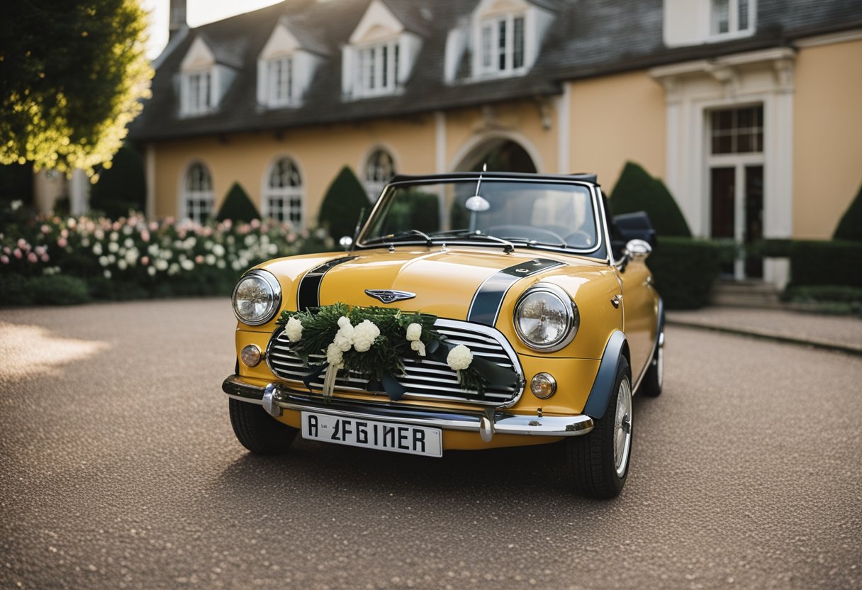 A sleek Mini Cooper Convertible parked in front of a wedding venue, adorned with floral decorations and ribbons, ready to transport the newlyweds