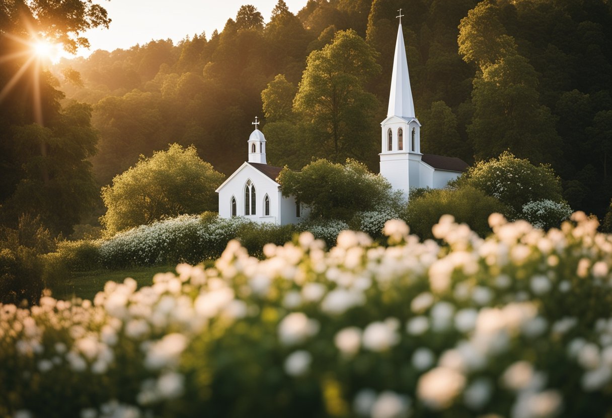 A picturesque church with a white steeple surrounded by blooming flowers and lush greenery. The sun is setting, casting a warm glow over the scene