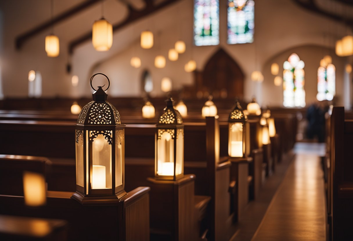 Glowing lanterns hang from church pews, casting a warm, romantic light over the wedding ceremony