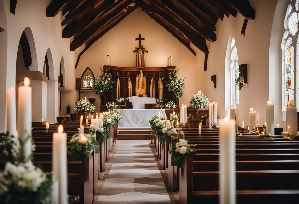 A quaint church with elegant decor, rows of pews, and a beautiful altar adorned with flowers and candles