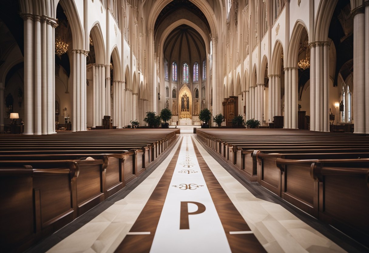 A white aisle runner with a monogrammed design leading down the center of a grand church aisle