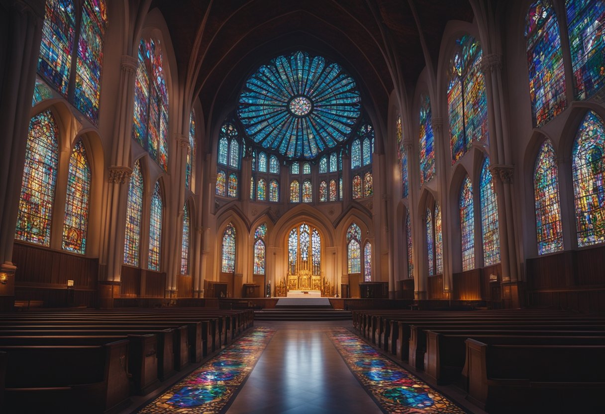 Colorful light streams through intricate stained glass windows in a grand church, casting vibrant patterns on the floor and walls