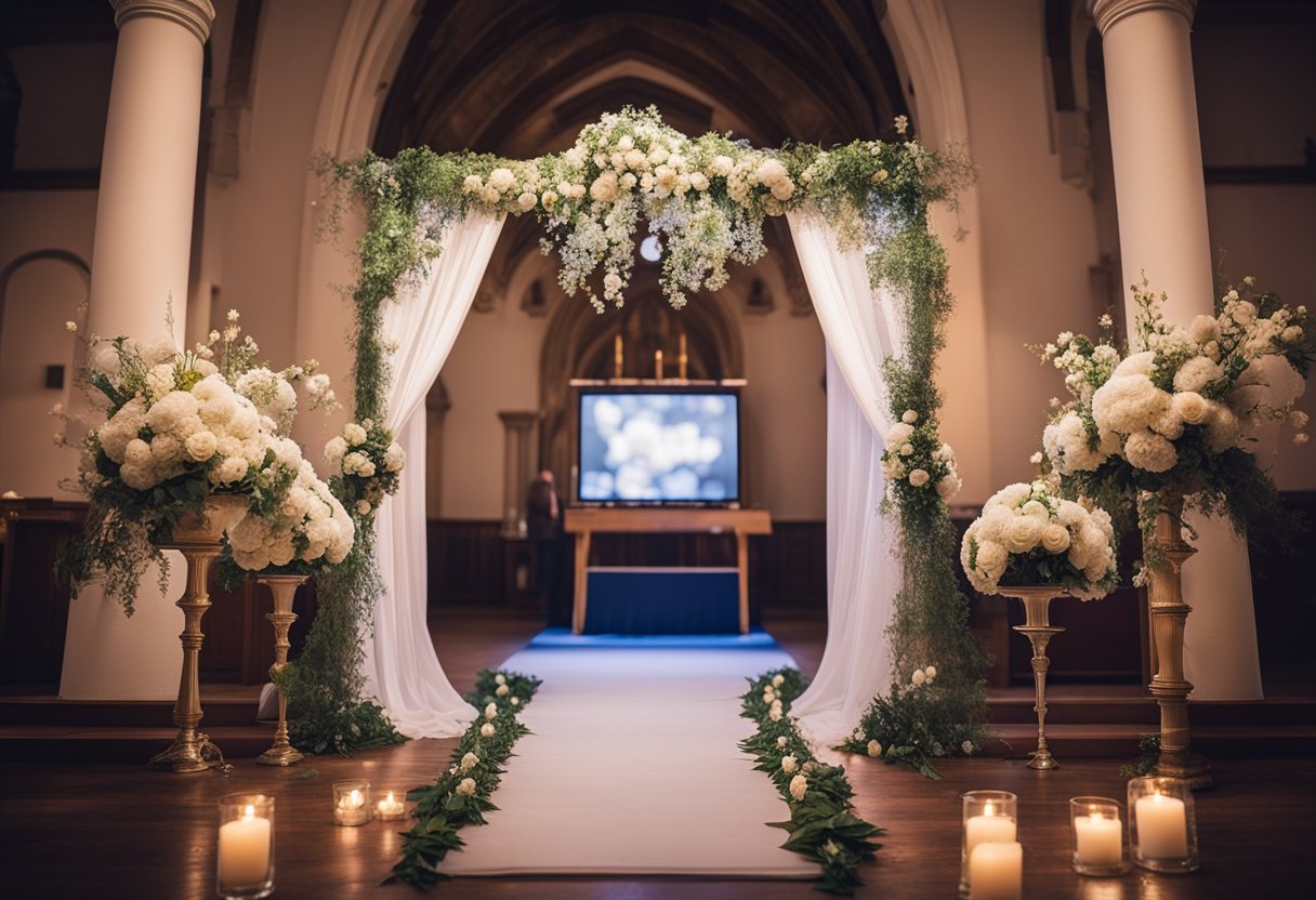 A photo booth set up in a church, adorned with flowers and twinkling lights, with a backdrop of lace curtains and a vintage frame