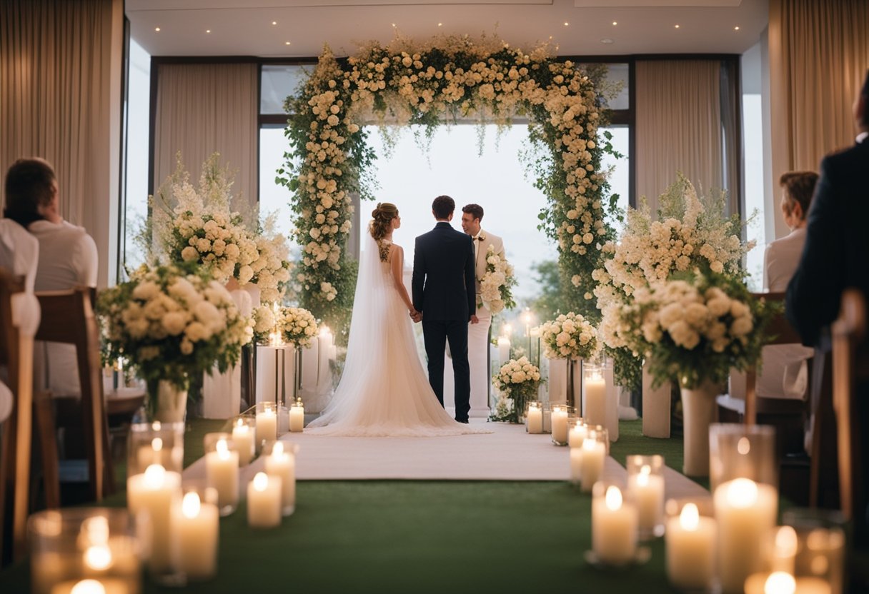 A bride and groom stand at the altar surrounded by fragrant flowers and flickering candles, creating a romantic and memorable wedding ceremony