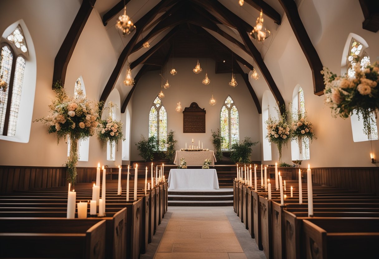 A quaint, rustic chapel adorned with flowers and candles, set up for a vow renewal ceremony